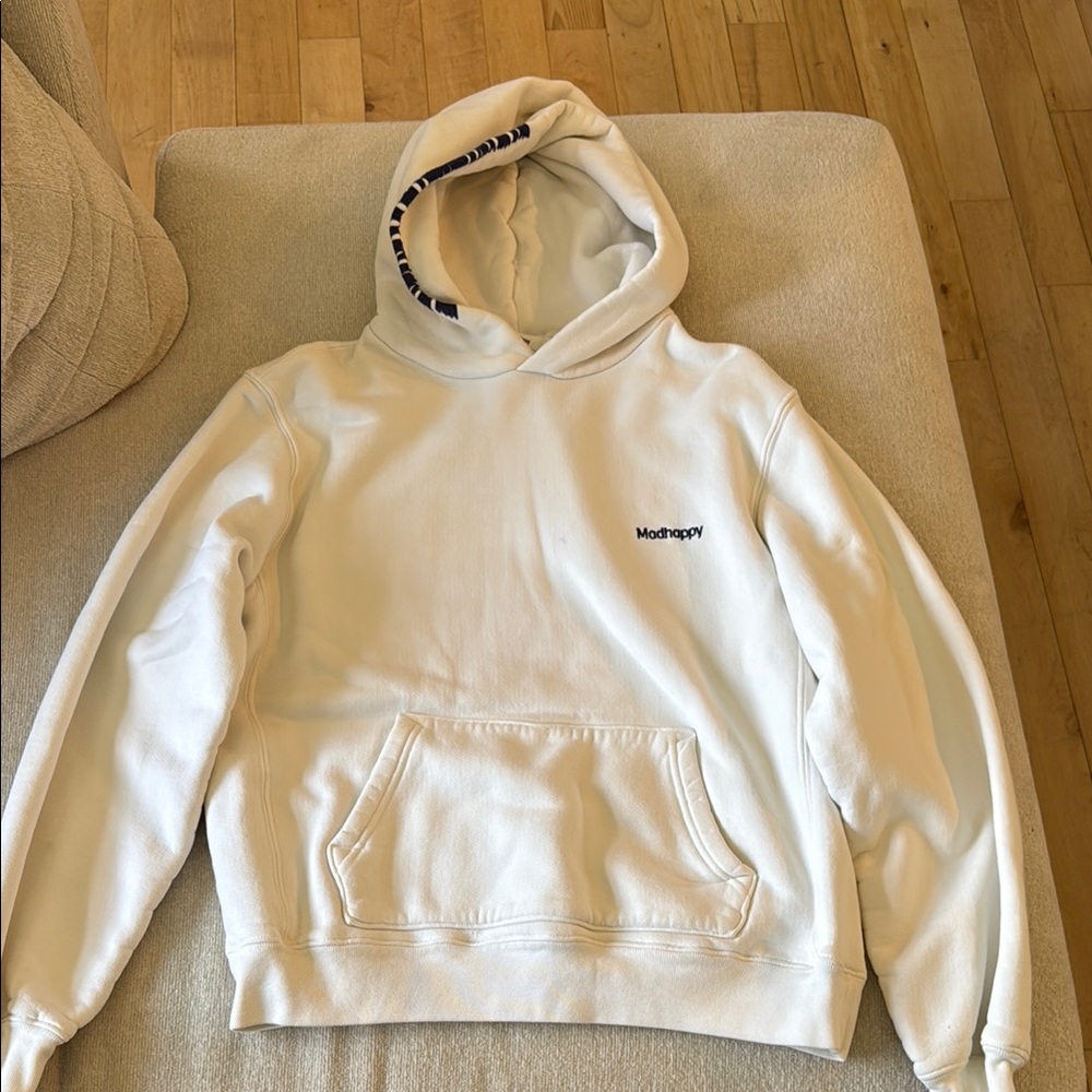 Madhappy Cream Hoodie with blue stitching